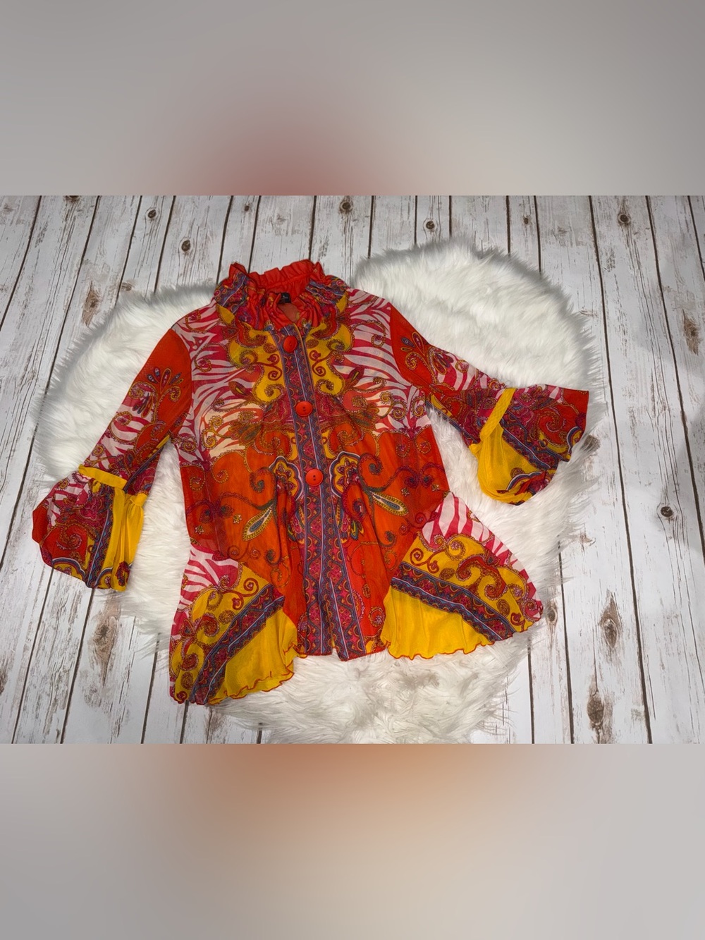 Vintage Vibrant Paisley Ruffled Button-Front Blouse - Orange & Yellow